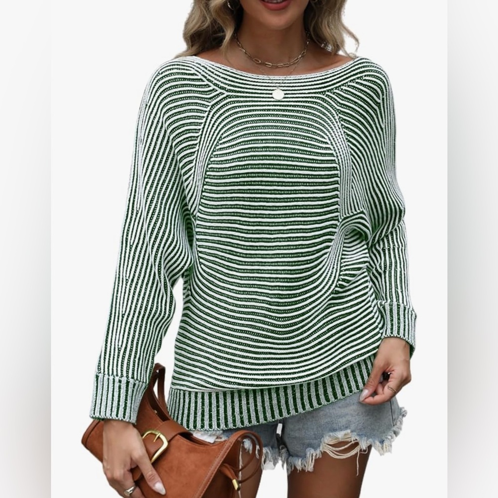 NEW Green Winter Knit Striped Batwing Pullover Oversized Long Sleeve Sweaters XL